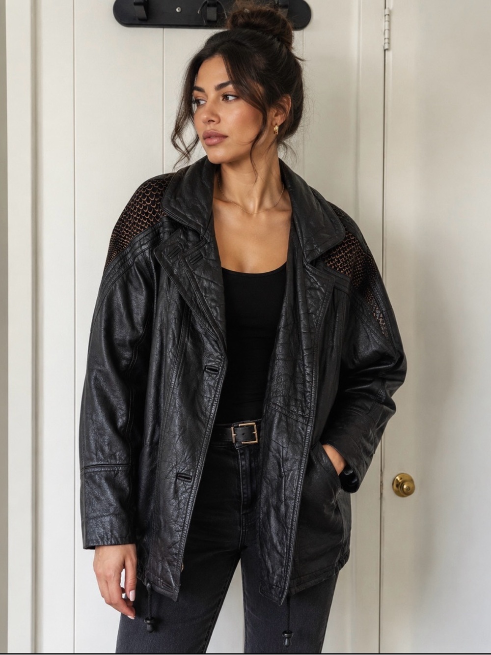 Avanti Black Leather Oversized Jacket with Shoulder Detail
